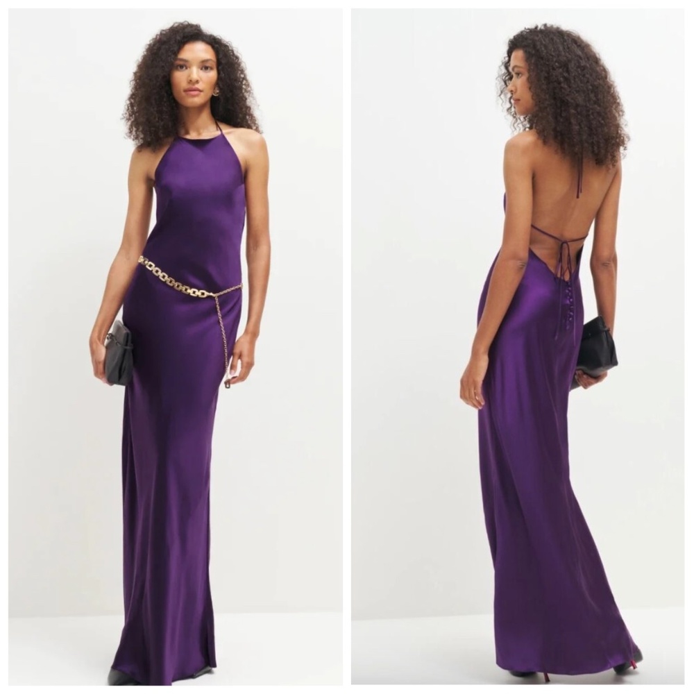 Reformation Purple Satin Halter-Back Maxi Dress